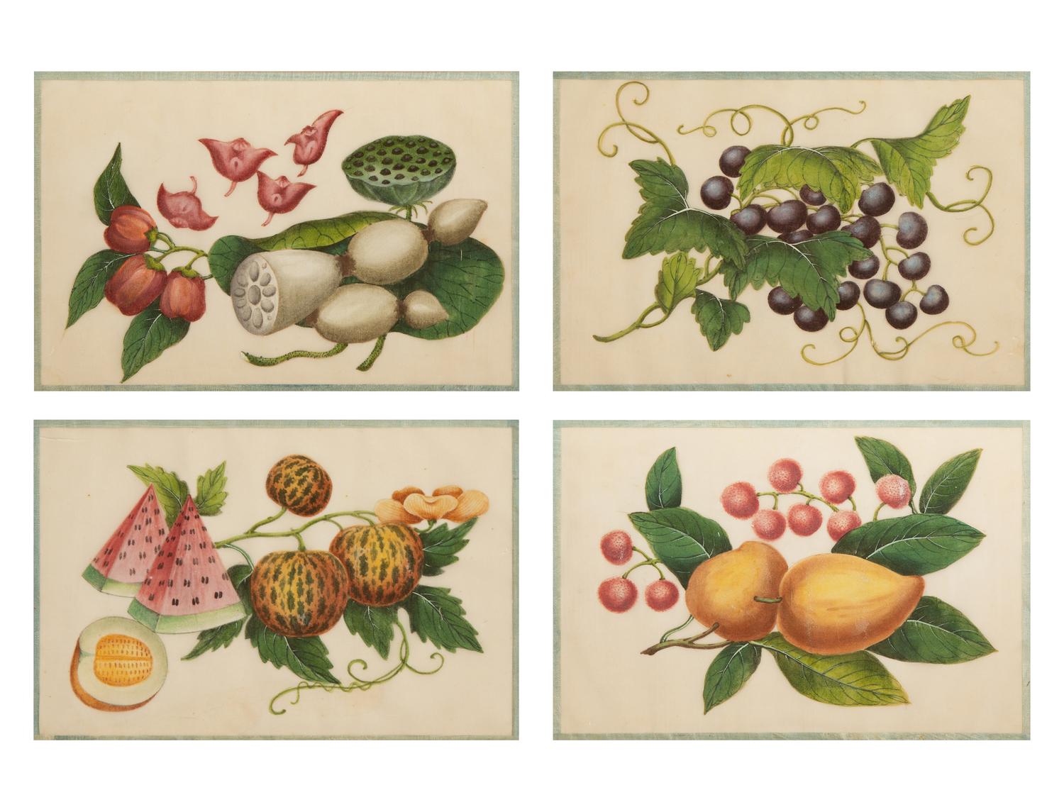 Four Chinese Watercolor and Gouache Pith Paintings of Exotic Fruit