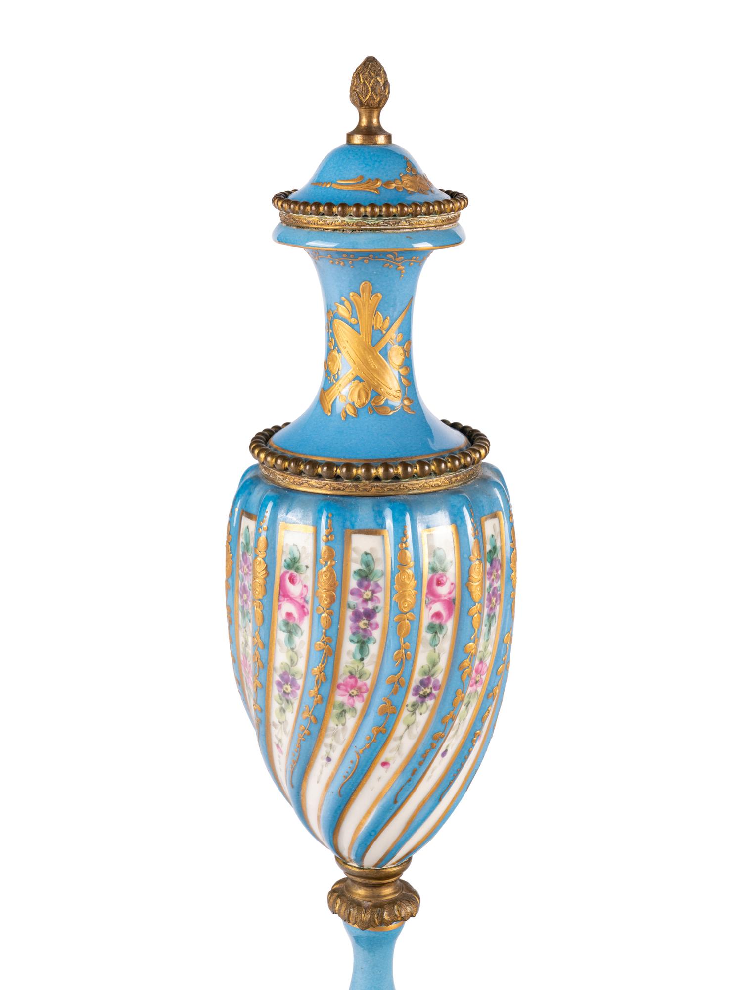 A Sevres Style Gilt Metal Mounted Porcelain Covered Urn