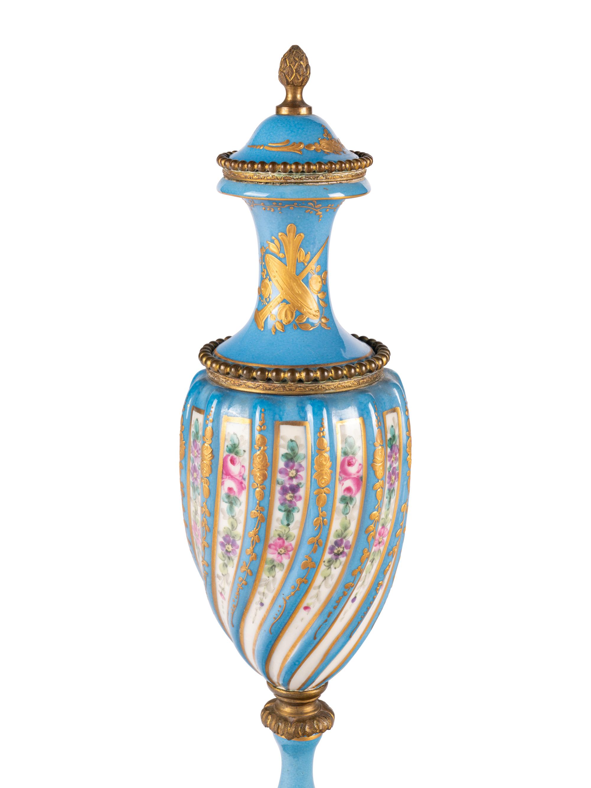 A Sevres Style Gilt Metal Mounted Porcelain Covered Urn