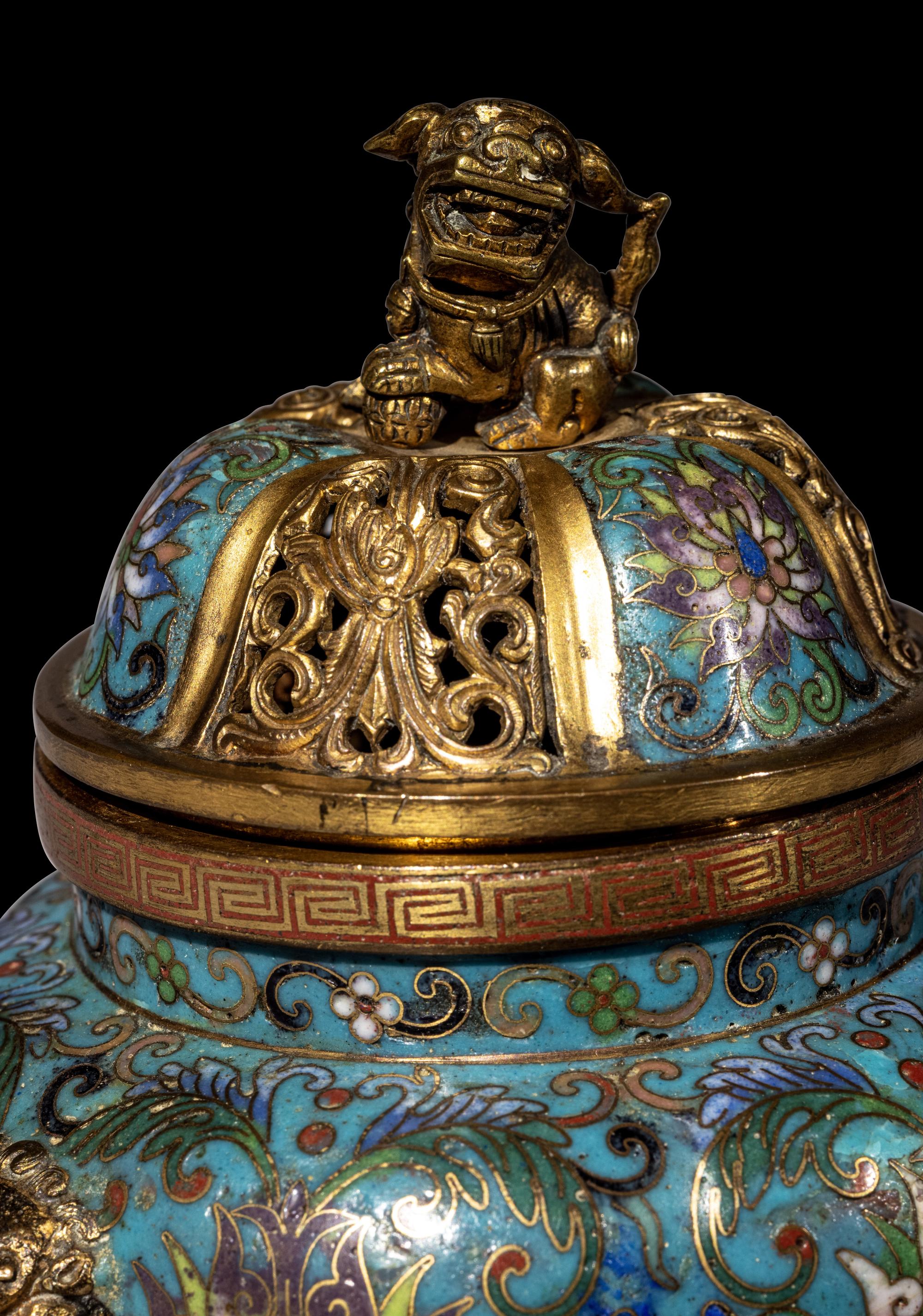 A Chinese Cloisonn é Enamel Covered Censer and A Cloisonn é Enamel Lion-Form Covered Box
