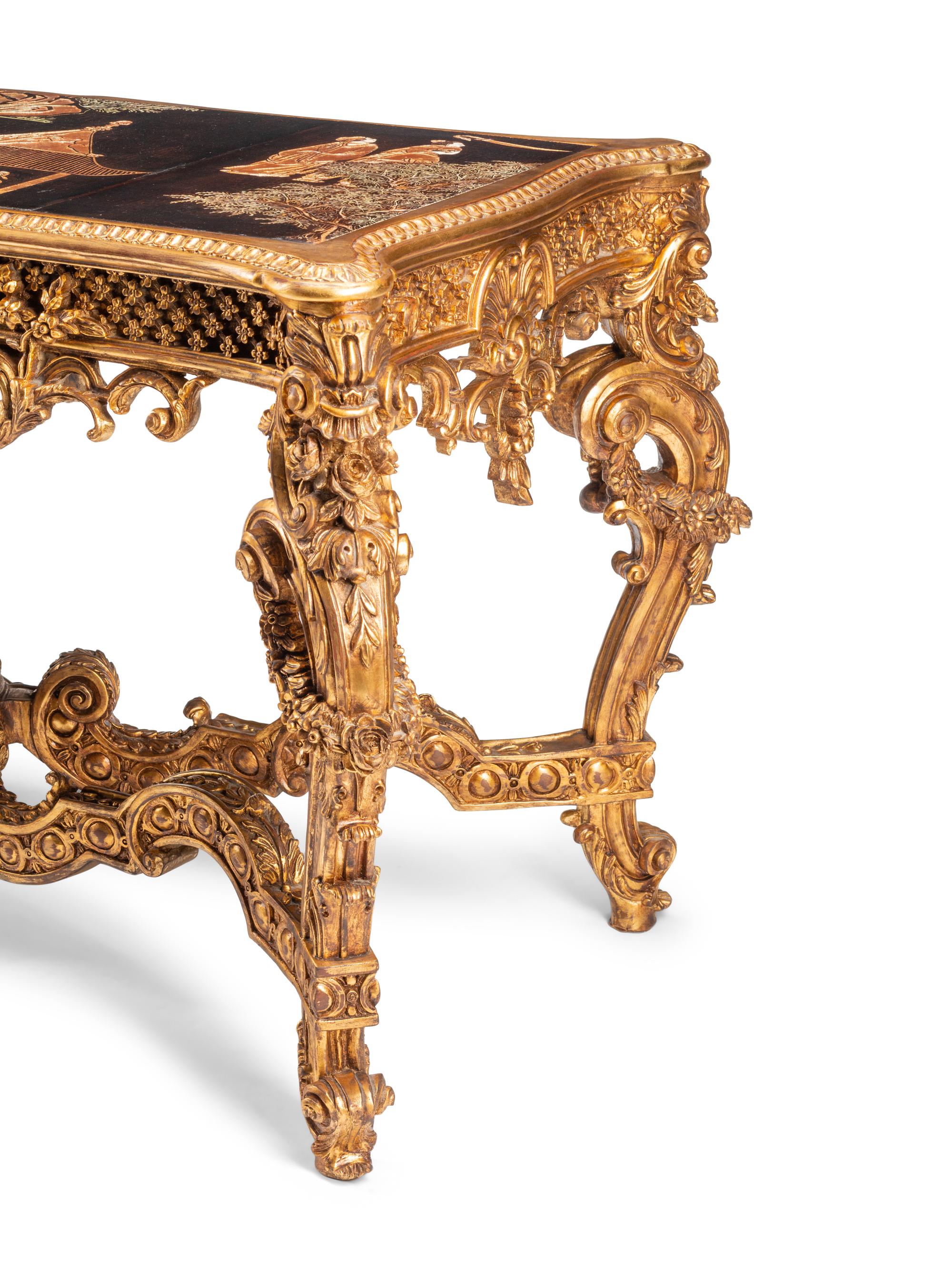 A Louis XIV Style Giltwood and Chinese Lacquer-Inset Salon Table