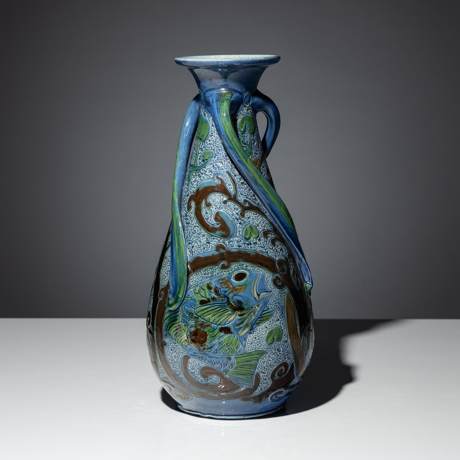 Three-handled vase with koi decor, 1907