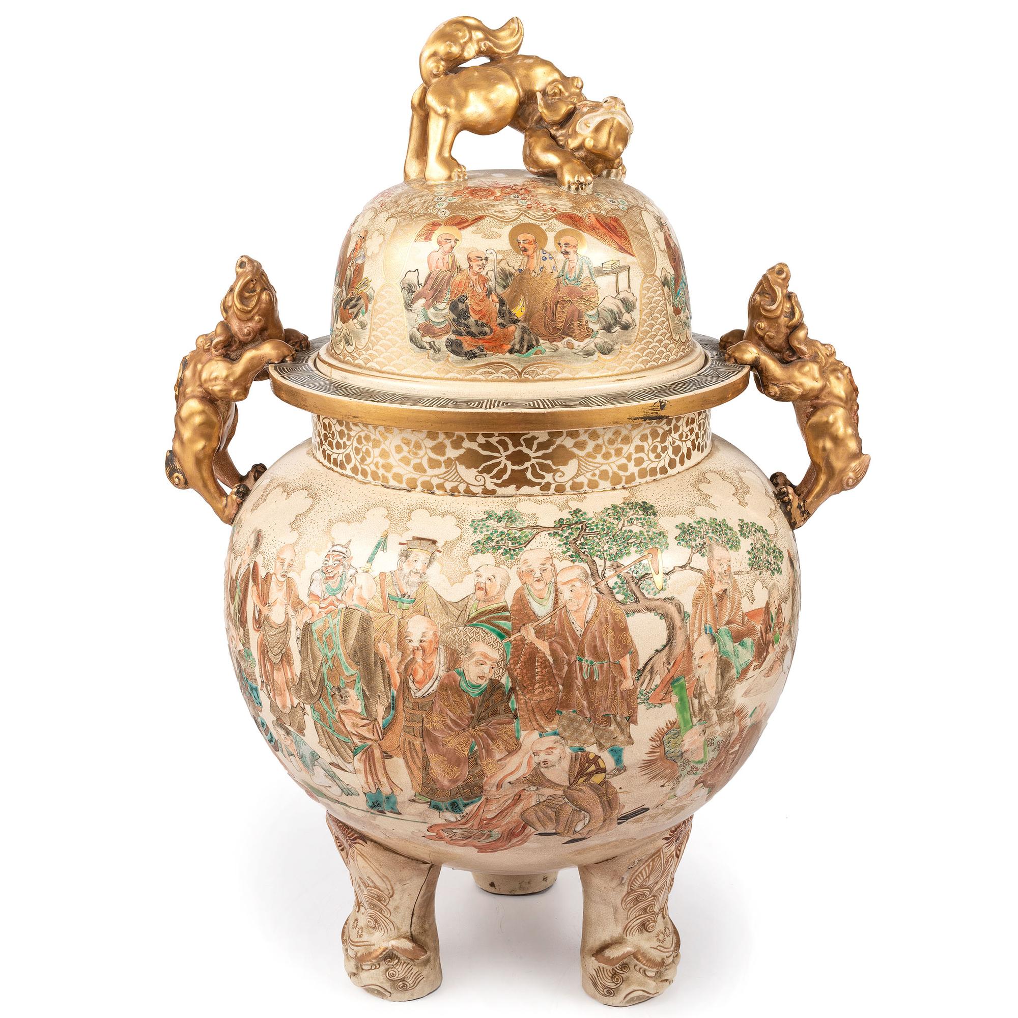 A Monumental Satsuma Porcelain Tripod Vessel and Cover