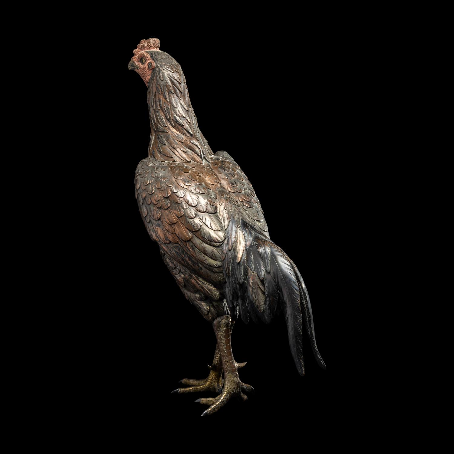 A Japanese Bronze Okimono of a Rooster, Meiji Period 日本明治時代 銅雕雄鷄