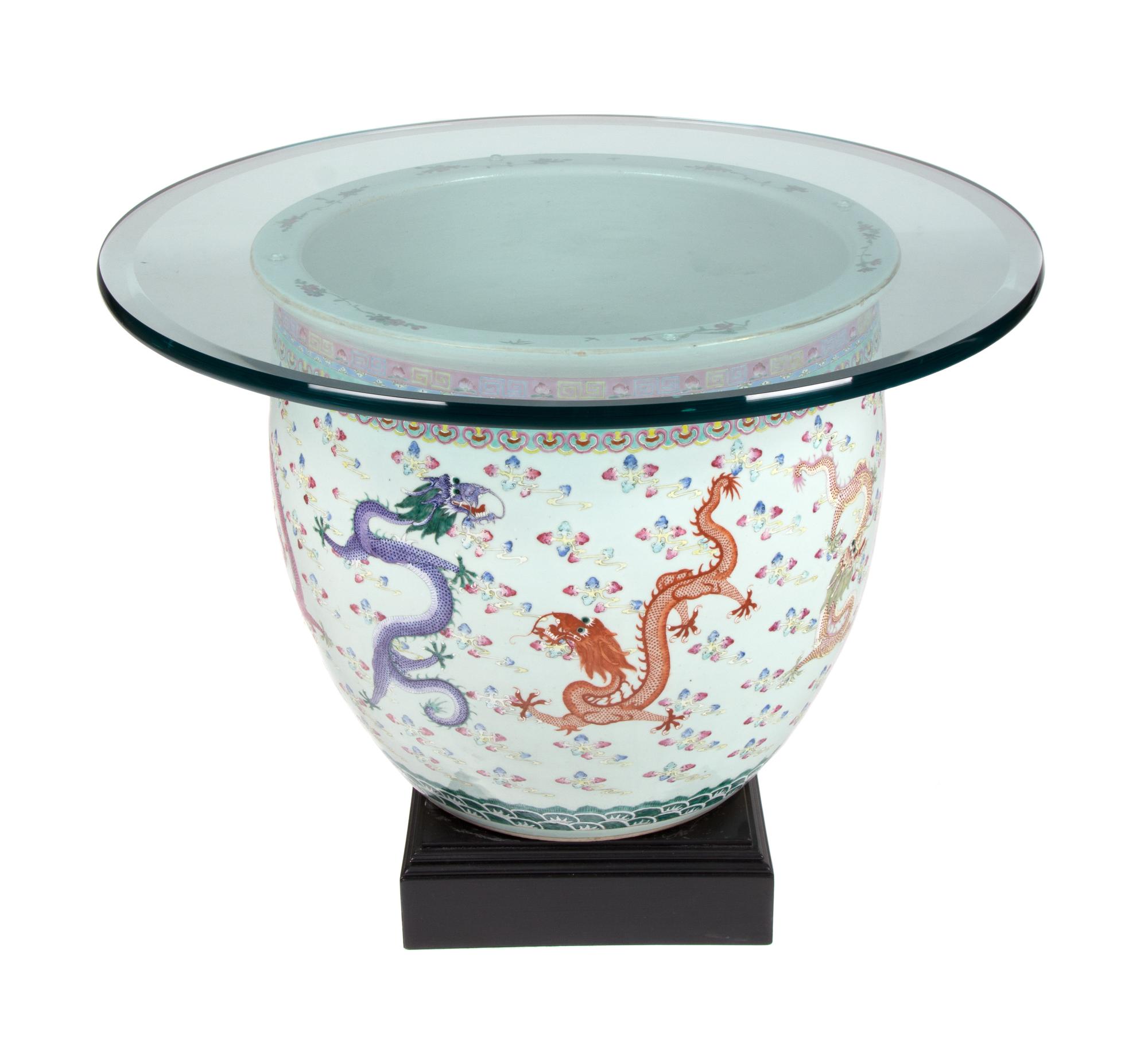 A Pair of Chinese Export Porcelain Jardinière Jardinière height 23 1/2 x diameter 20 1/2 inches, glass top diameter 29 3/4 inches. — 20TH CENTURY