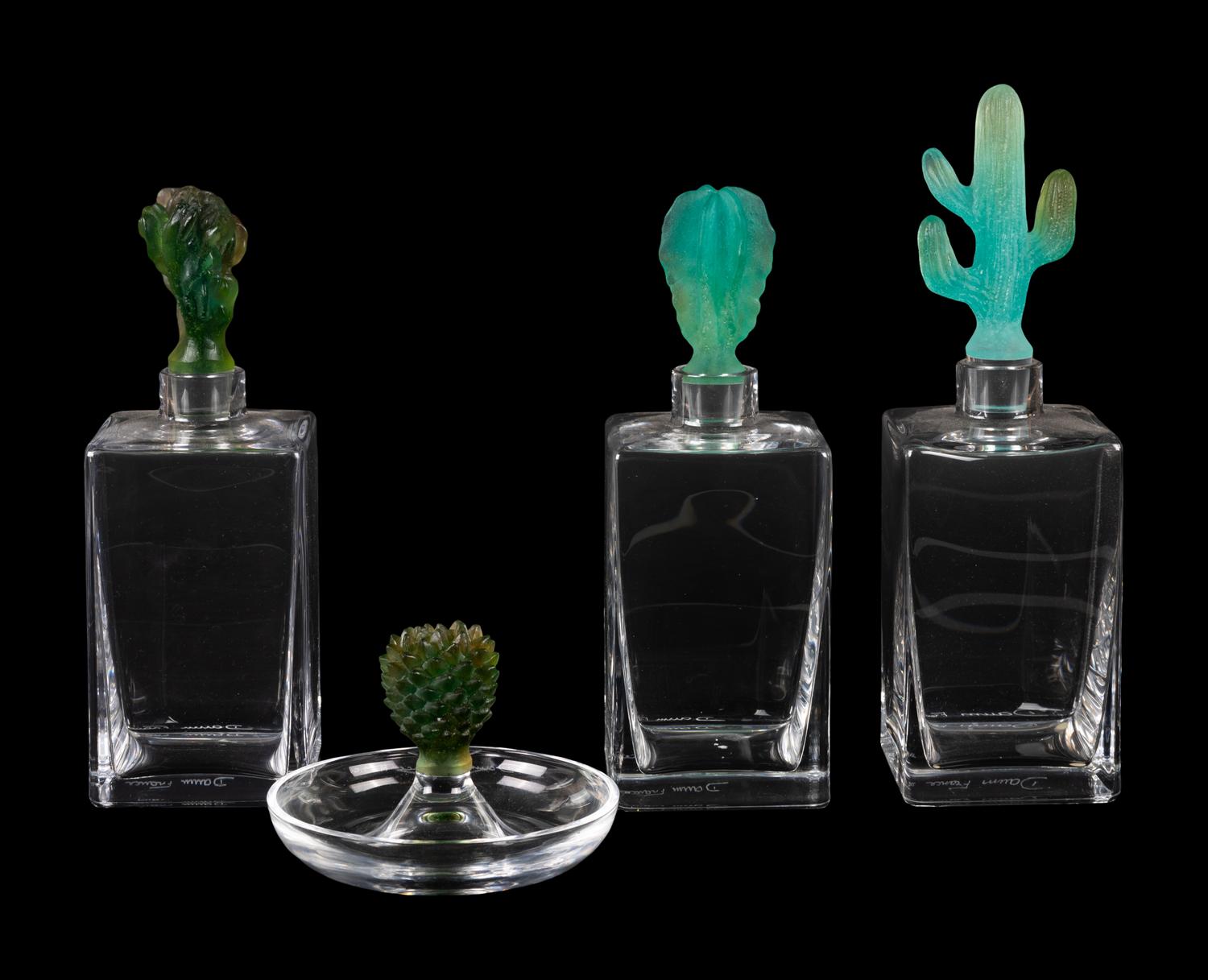 Three Daum Pâte-de-Verre Cactus Decanters and a Ring Tray