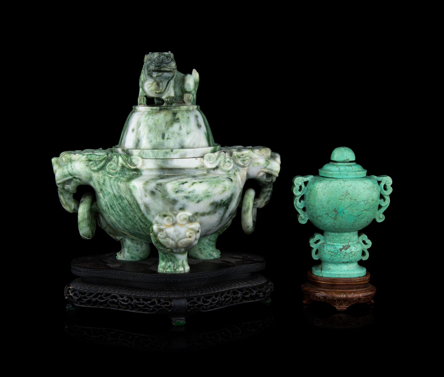 Two Chinese Jadeite and Turquoise Covered Incense Burner