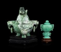 Two Chinese Jadeite and Turquoise Covered Incense Burner