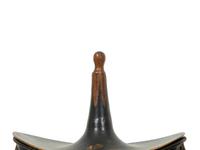 A Pair of Regency Style Black and Gilt Decorated Tole Covered Urns