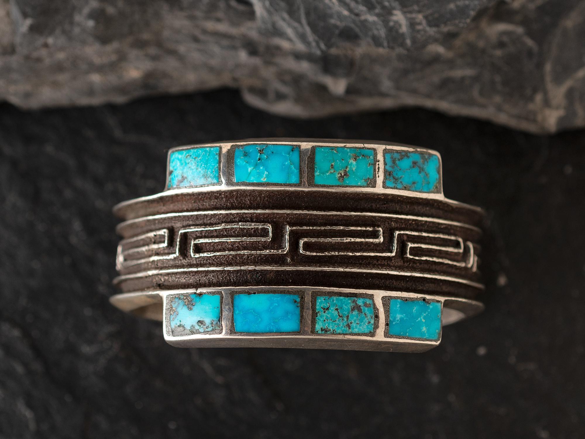 Silver Tufa Cast Cuff Bracelet, with Channel Inlay Turquoise