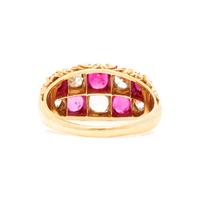 DIAMOND, SYNTHETIC RUBY AND YELLOW GOLD RING