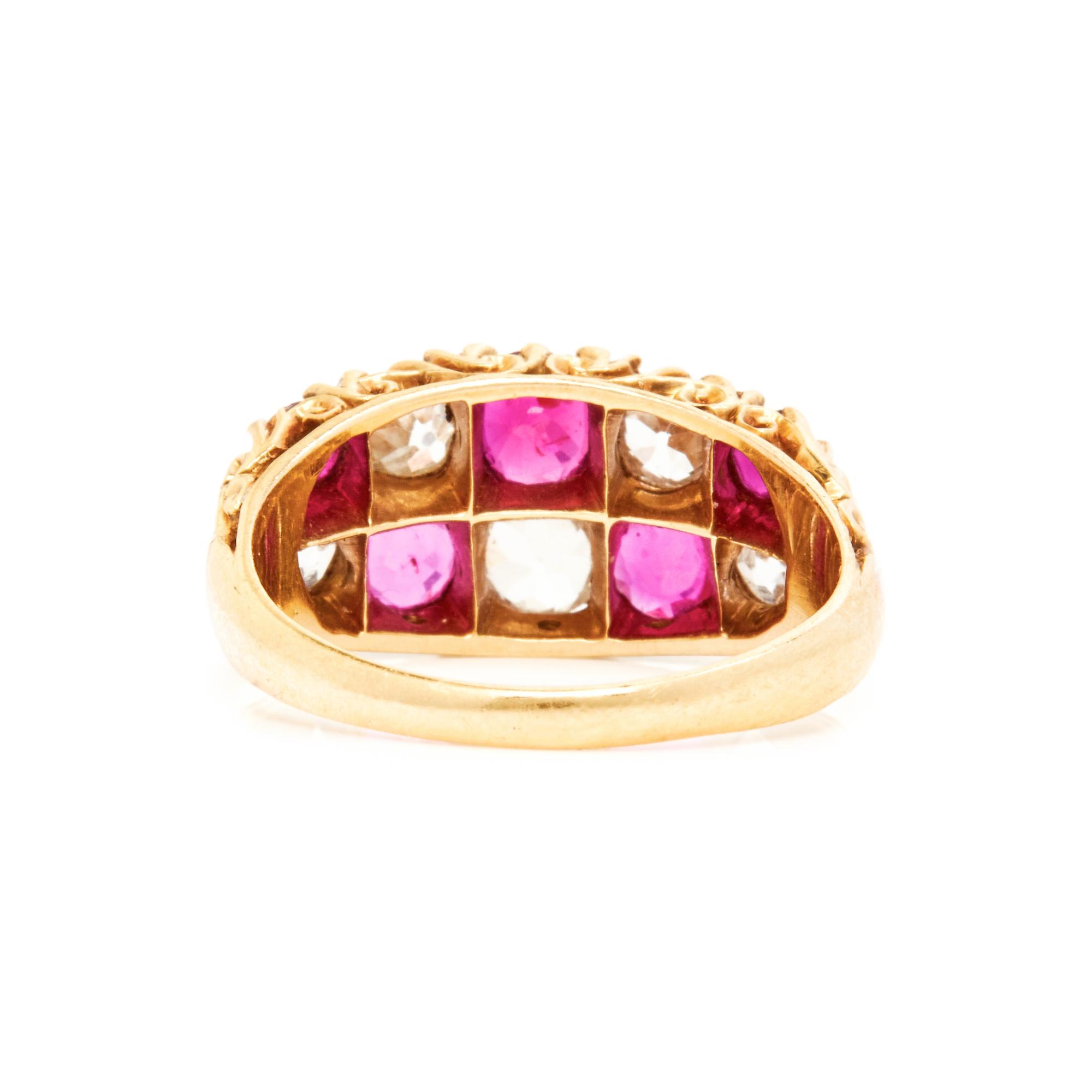 DIAMOND, SYNTHETIC RUBY AND YELLOW GOLD RING