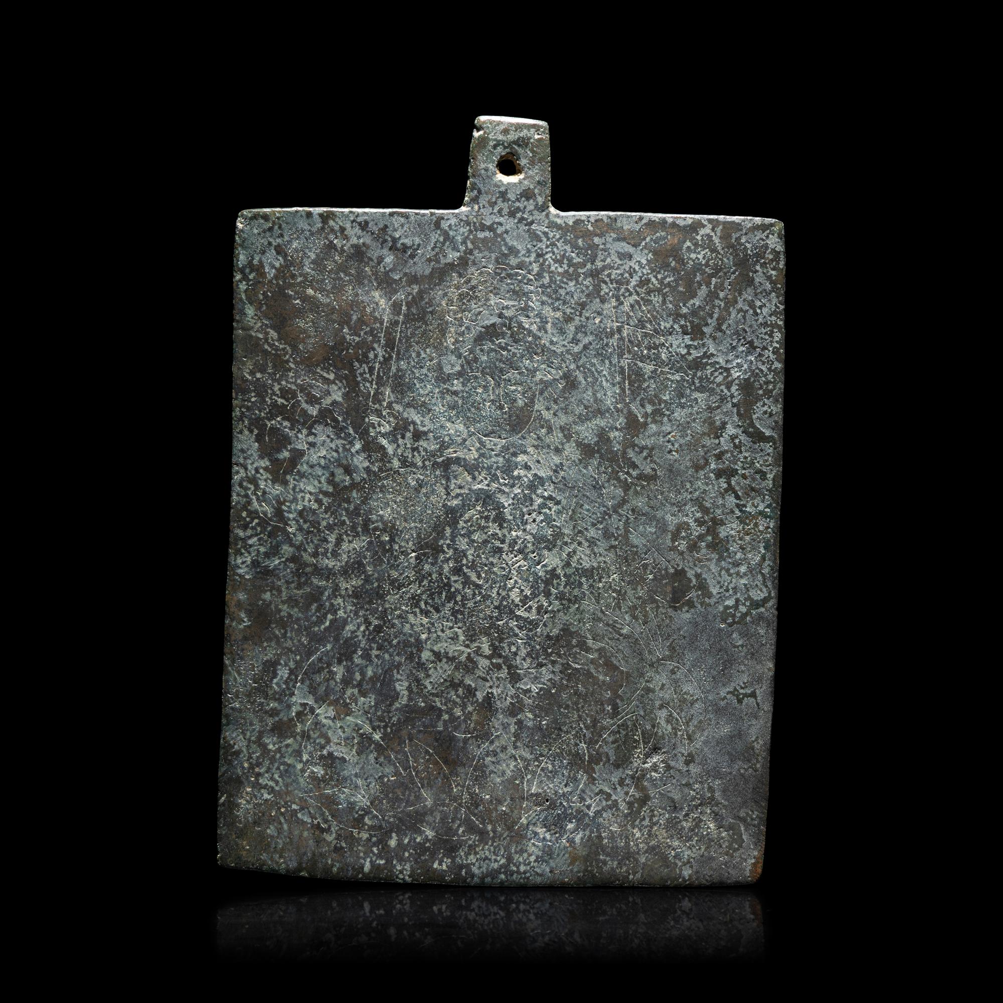 A Chinese Bronze Incised Buddhist Votive Plaque, Liao-Jin Dynasty — 遼-金 雙面綫刻銅佛板
