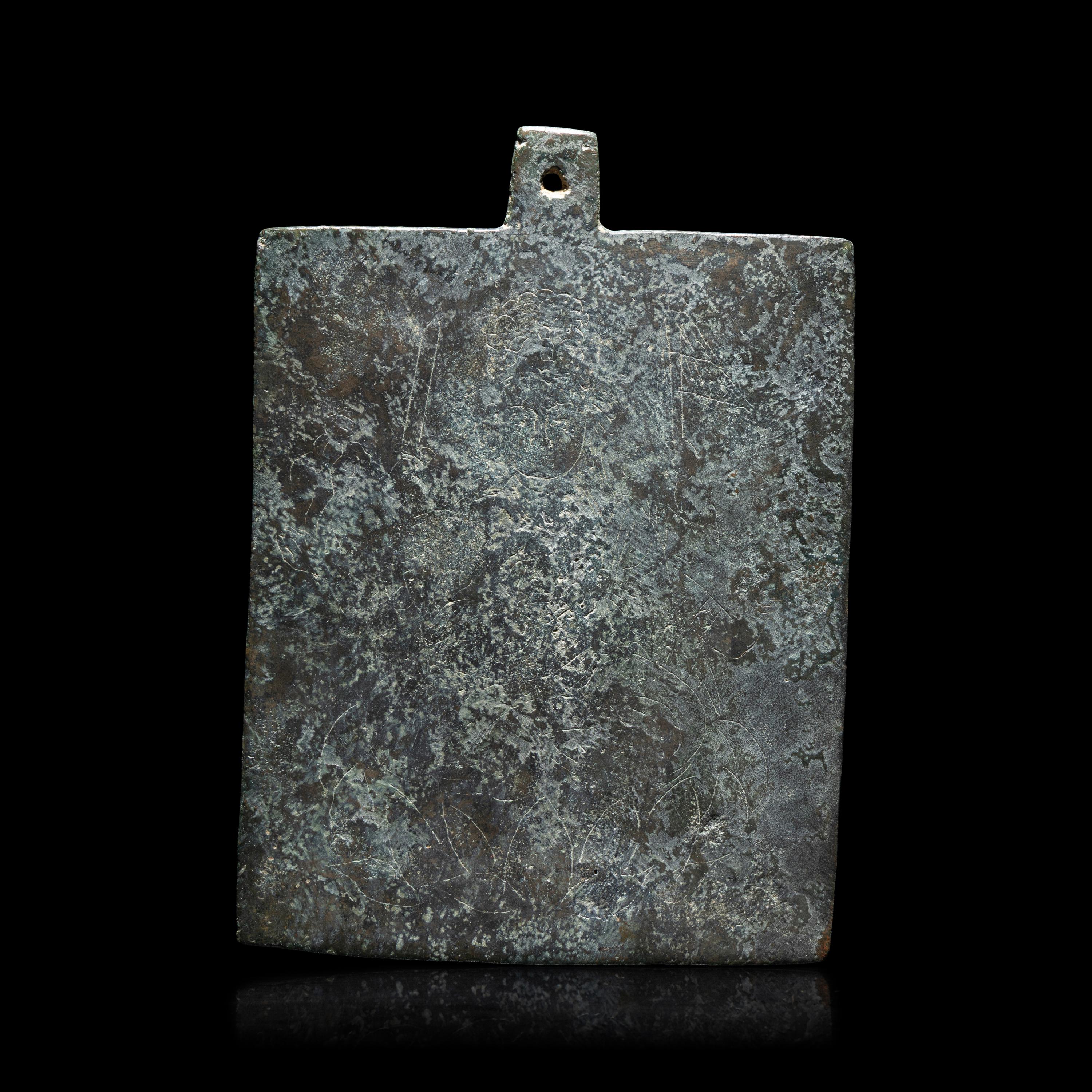 A Chinese Bronze Incised Buddhist Votive Plaque, Liao-Jin Dynasty — 遼-金 雙面綫刻銅佛板