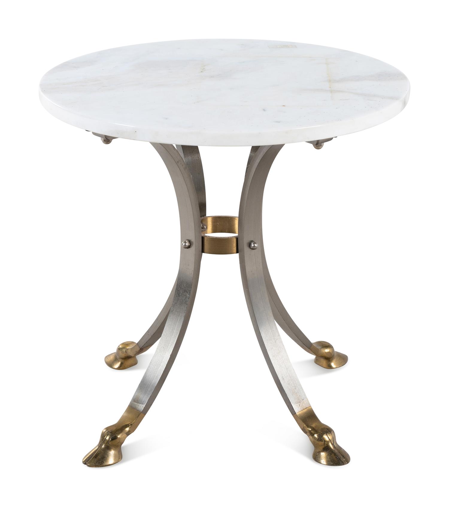 Three Steel and Brass Marble-Top Side Tables