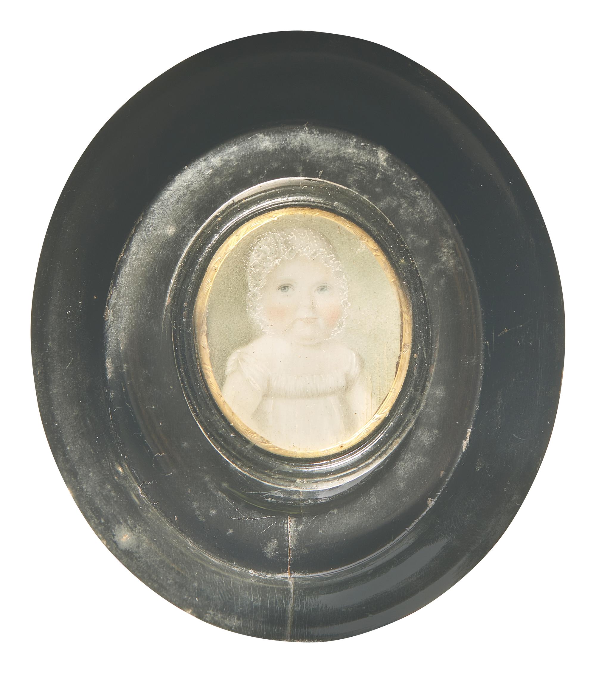Anglo-American School 19th Century, A Portrait Miniature of a Baby with Bonnet