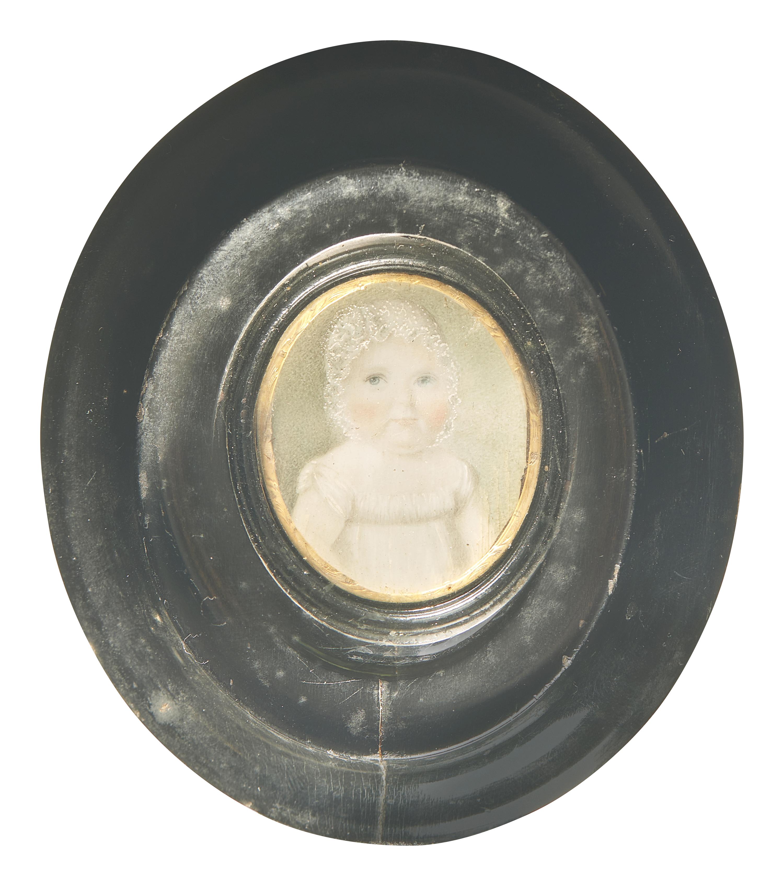 Anglo-American School 19th Century, A Portrait Miniature of a Baby with Bonnet