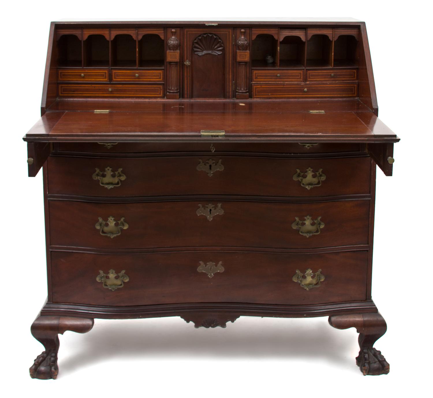 An American Chippendale Style Mahogany Slant Front Oxbow Desk Height 45 x width 46 x depth 25 inches. — 19TH CENTURY