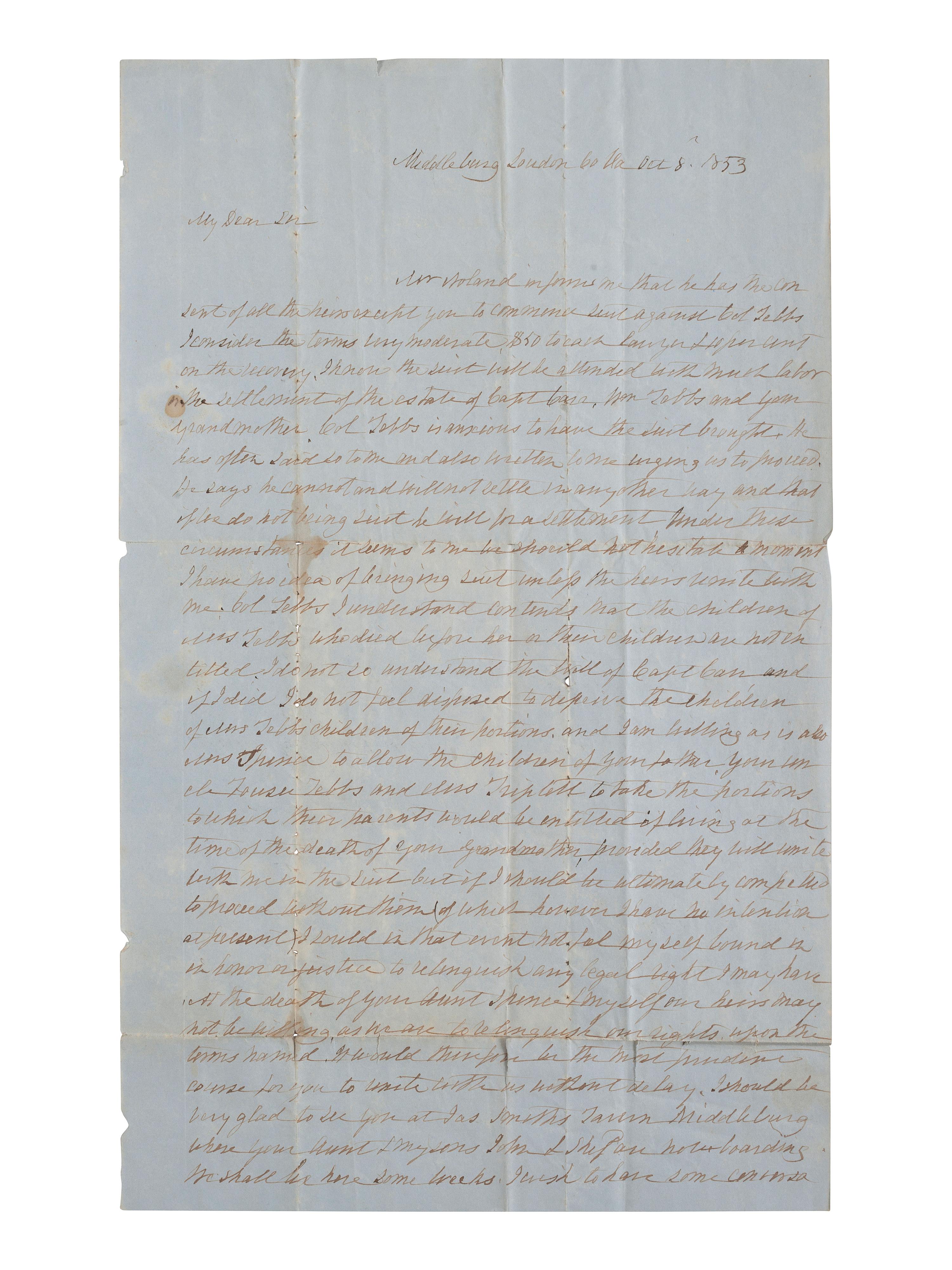 [ENSLAVEMENT & ABOLITION]. A group of 4 documents identified to the Carr and Tebbs families of Virginia, incl. references to the manumission and sale of enslaved persons.