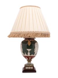 A Wedgwood Victoria Ware Vase Mounted as a Lamp with a Fringed Silk Shade