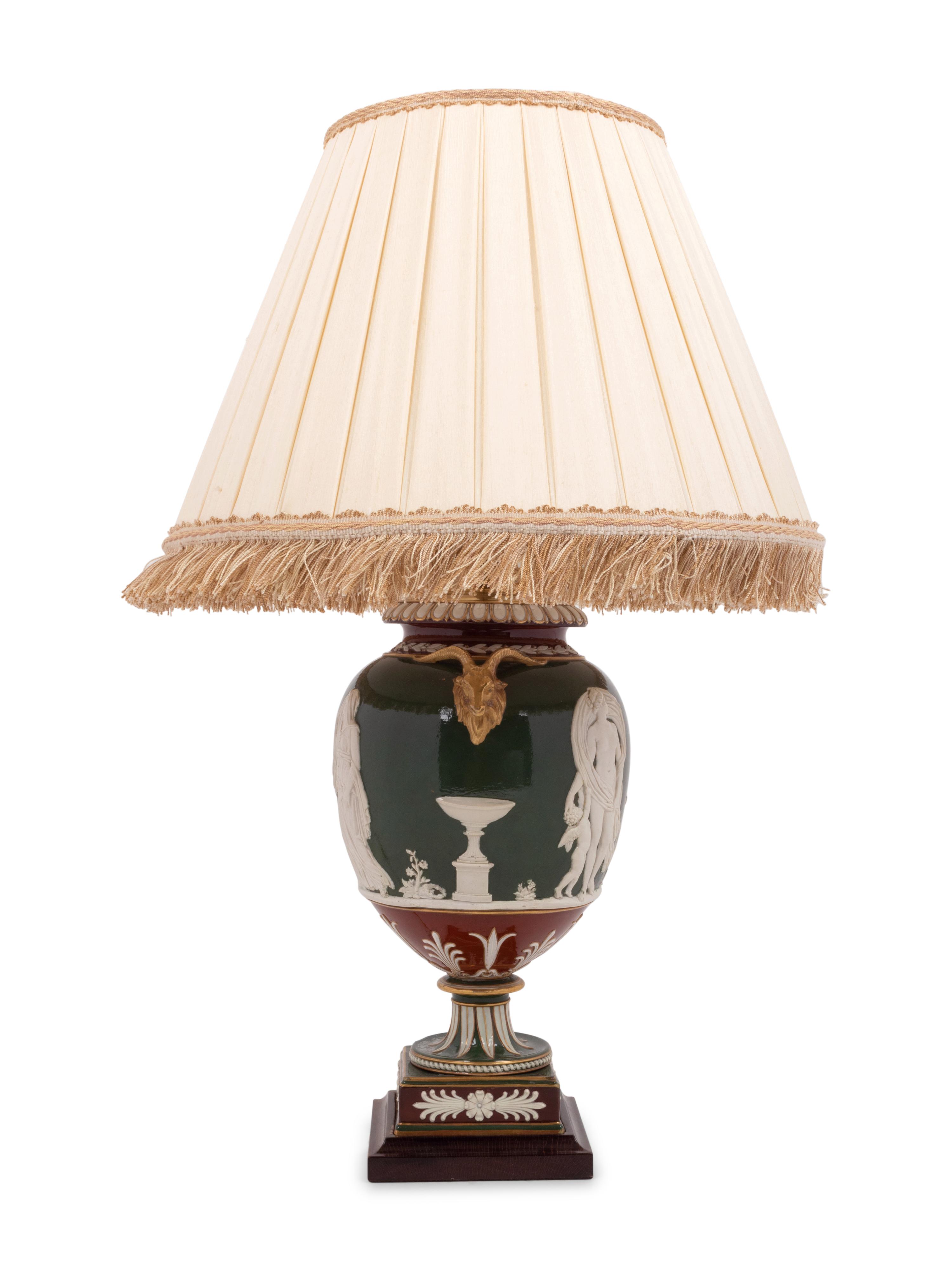 A Wedgwood Victoria Ware Vase Mounted as a Lamp with a Fringed Silk Shade