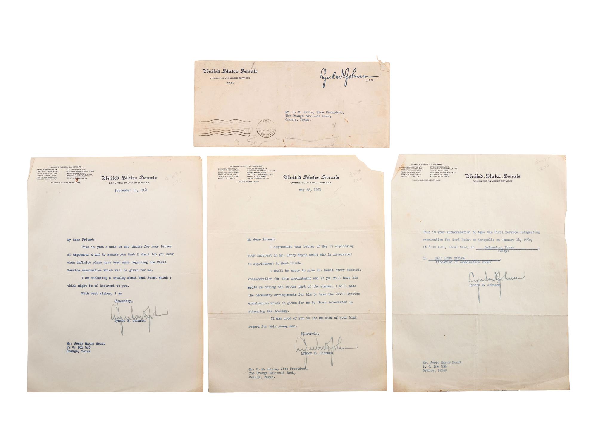 JOHNSON, Lyndon B. (1908-1973). Letters signed ("Lyndon B. Johnson"), most as Senate Majority Whip.