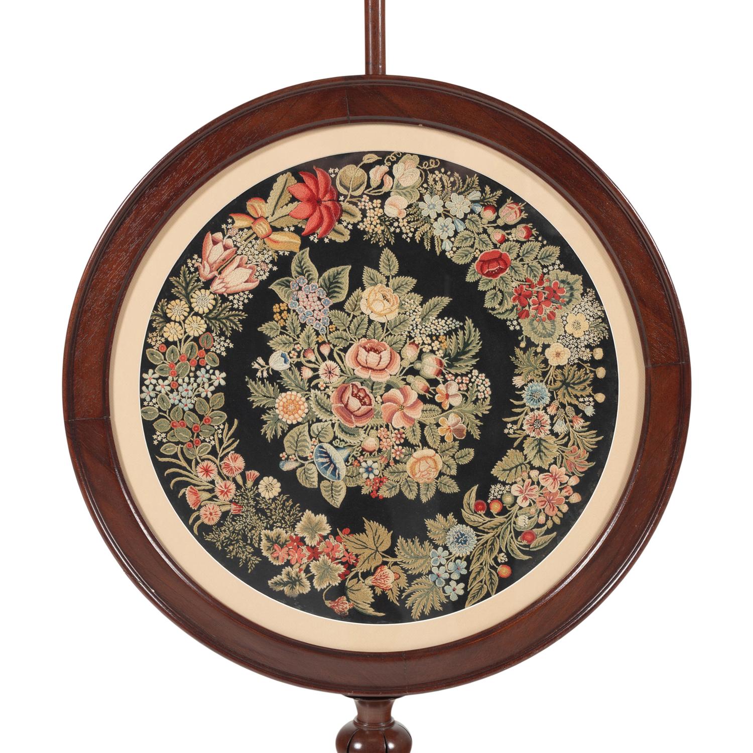 A William IV Carved Mahogany and Needlepoint Inset Circular Pole Screen