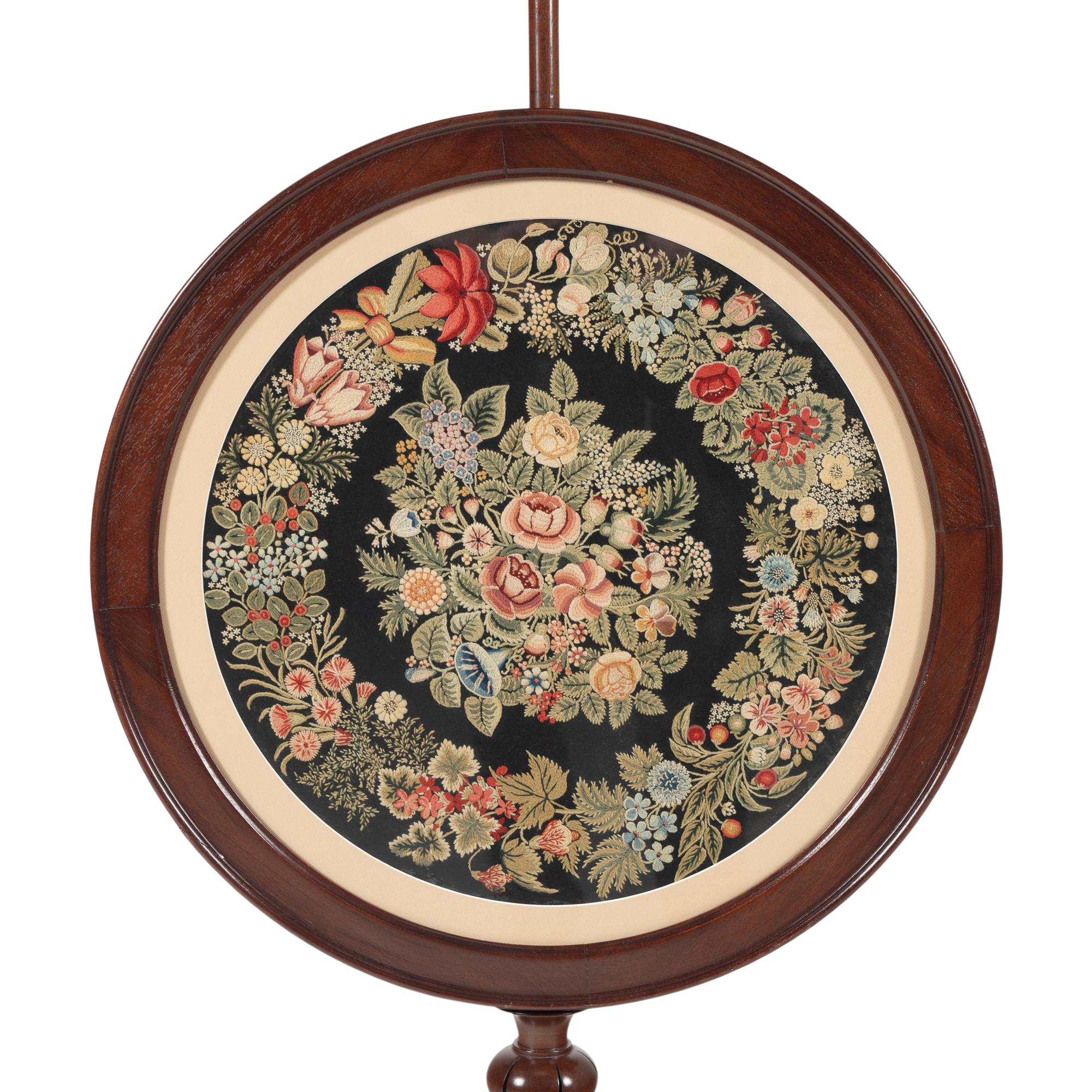 A William IV Carved Mahogany and Needlepoint Inset Circular Pole Screen