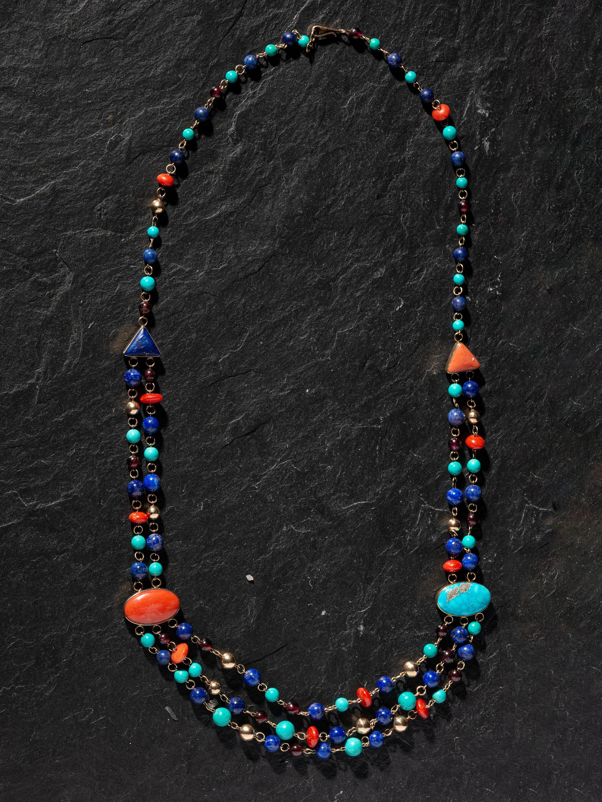 Reversible 14k Gold Multi-strand Necklace, with Channel Inlay Spacers