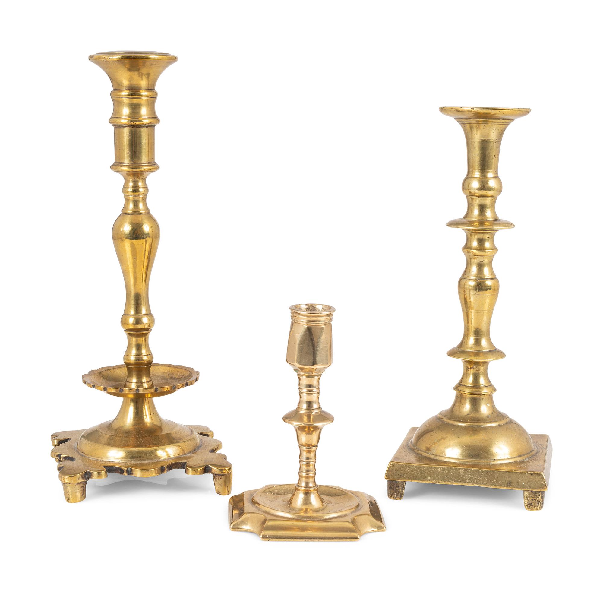 Three Continental Brass Candlesticks
