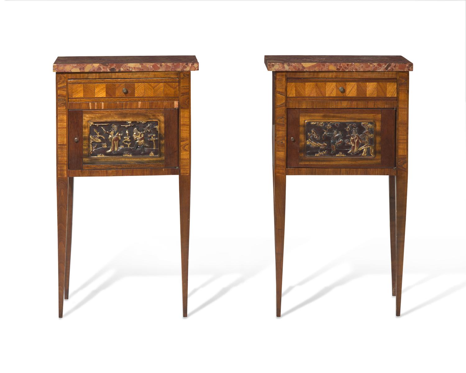 A pair of Neoclassical style inlaid mahogany side tables with Breccia marble tops, early 20th century