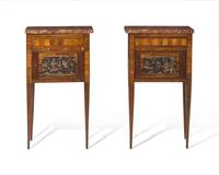A pair of Neoclassical style inlaid mahogany side tables with Breccia marble tops, early 20th century