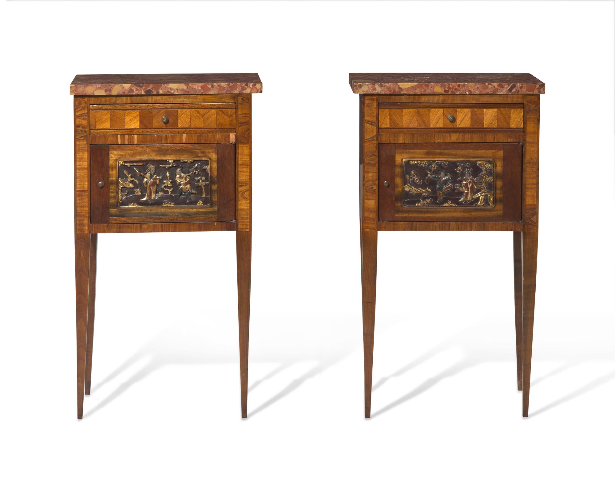 A pair of Neoclassical style inlaid mahogany side tables with Breccia marble tops, early 20th century