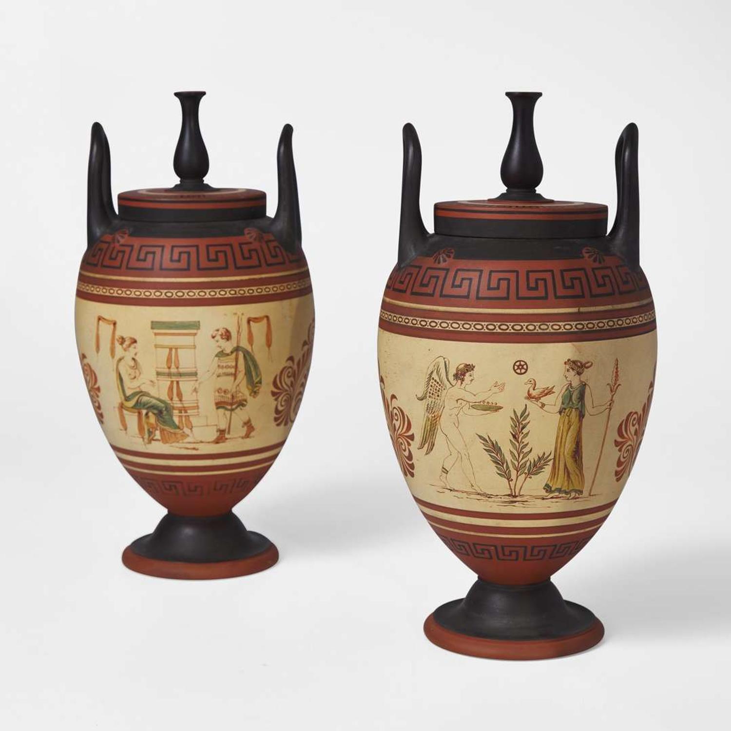 An Important Pair of Wedgwood Encaustic Decorated Rosso Antico Vases and Covers UK, 1860s