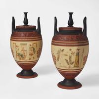 An Important Pair of Wedgwood Encaustic Decorated Rosso Antico Vases and Covers UK, 1860s