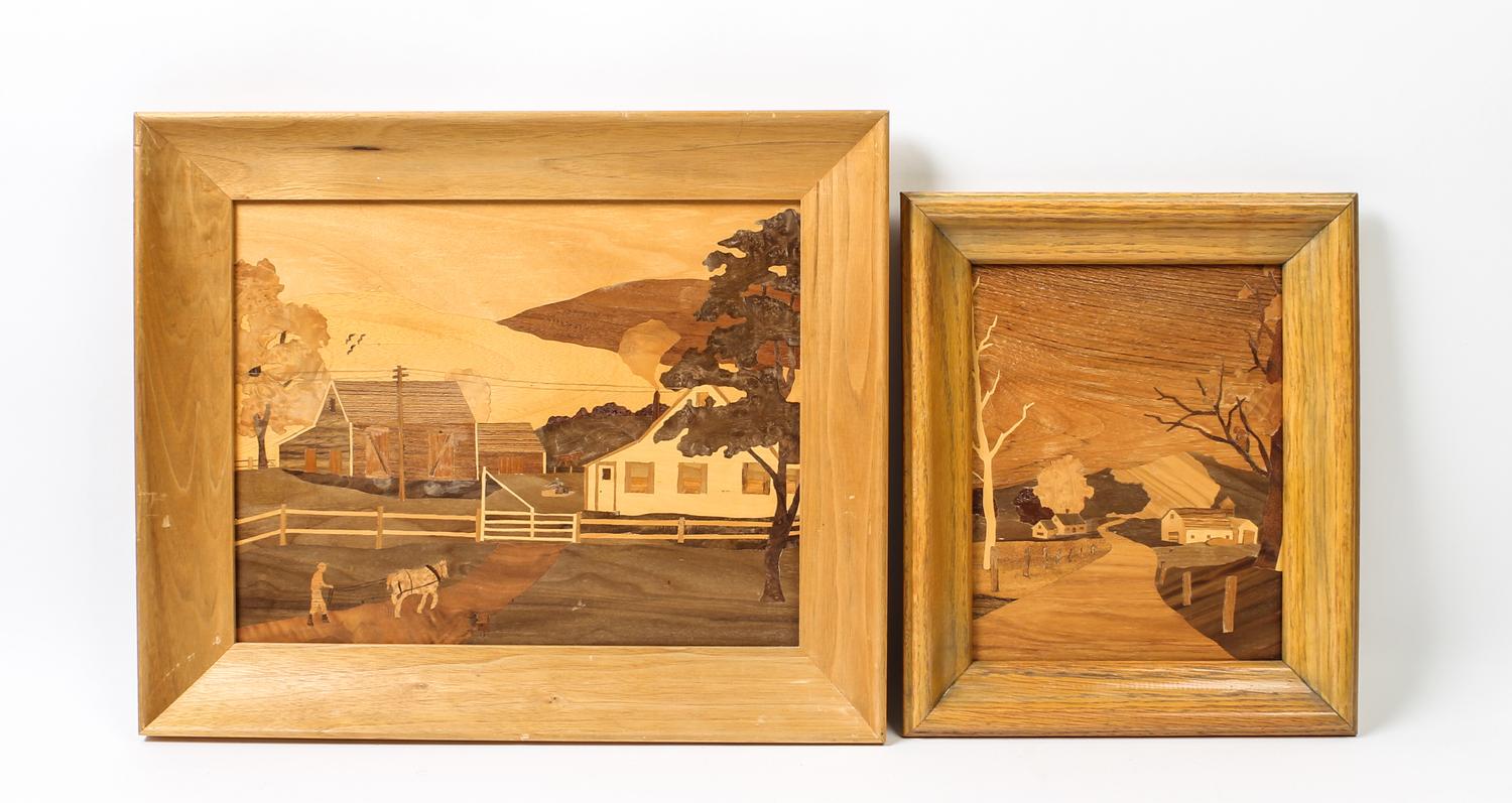 A Collection of Five Marquetry Landscape Panels Largest 12 x 15 1/2 inches.