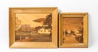 A Collection of Five Marquetry Landscape Panels Largest 12 x 15 1/2 inches.