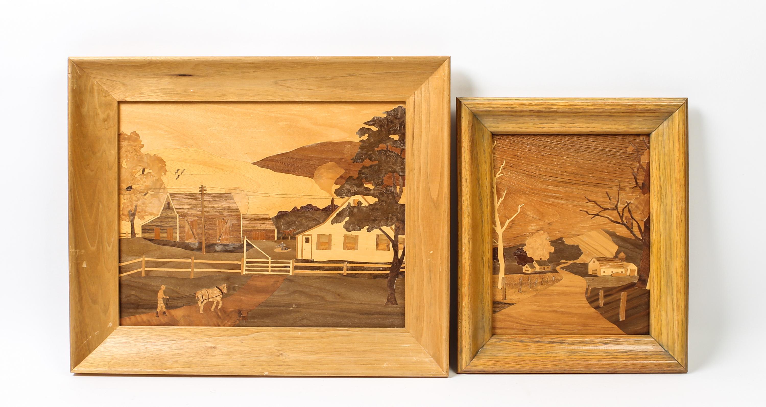 A Collection of Five Marquetry Landscape Panels Largest 12 x 15 1/2 inches.