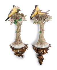 A Pair of Sitzendorf Porcelain Models of Birds with Giltwood Wall Brackets