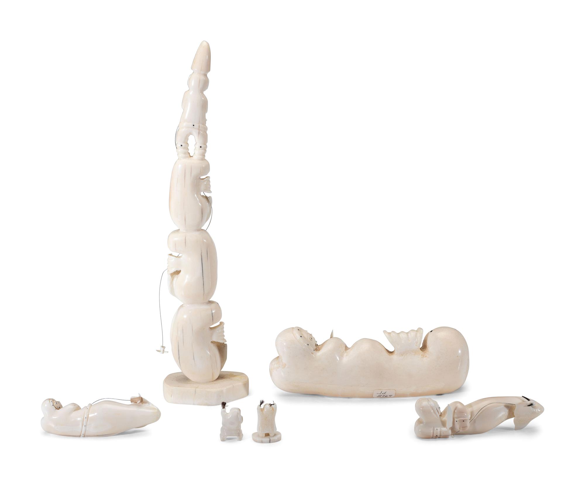 Carved Walrus Ivory Sculptures, with Baleen Inlay