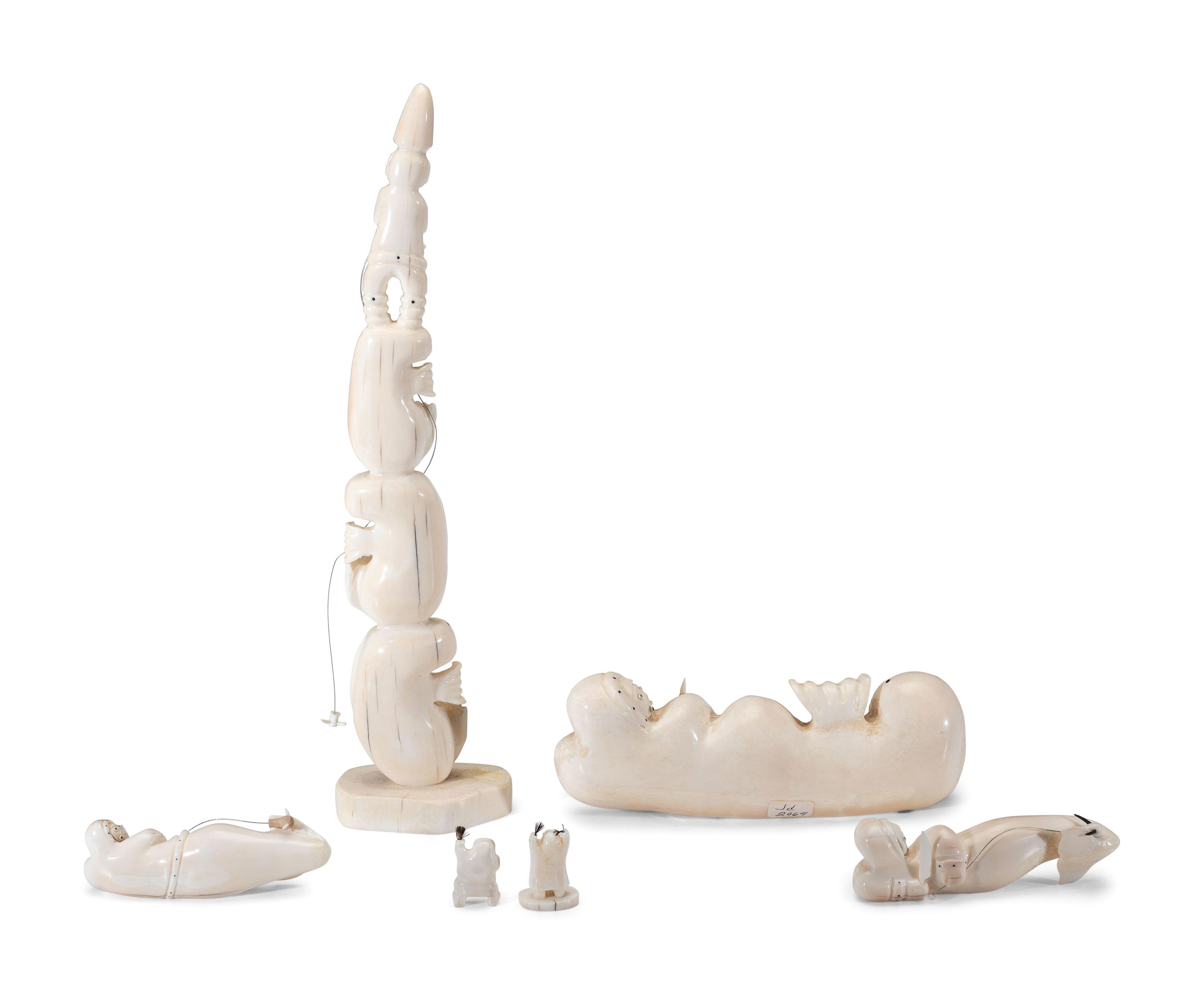 Carved Walrus Ivory Sculptures, with Baleen Inlay