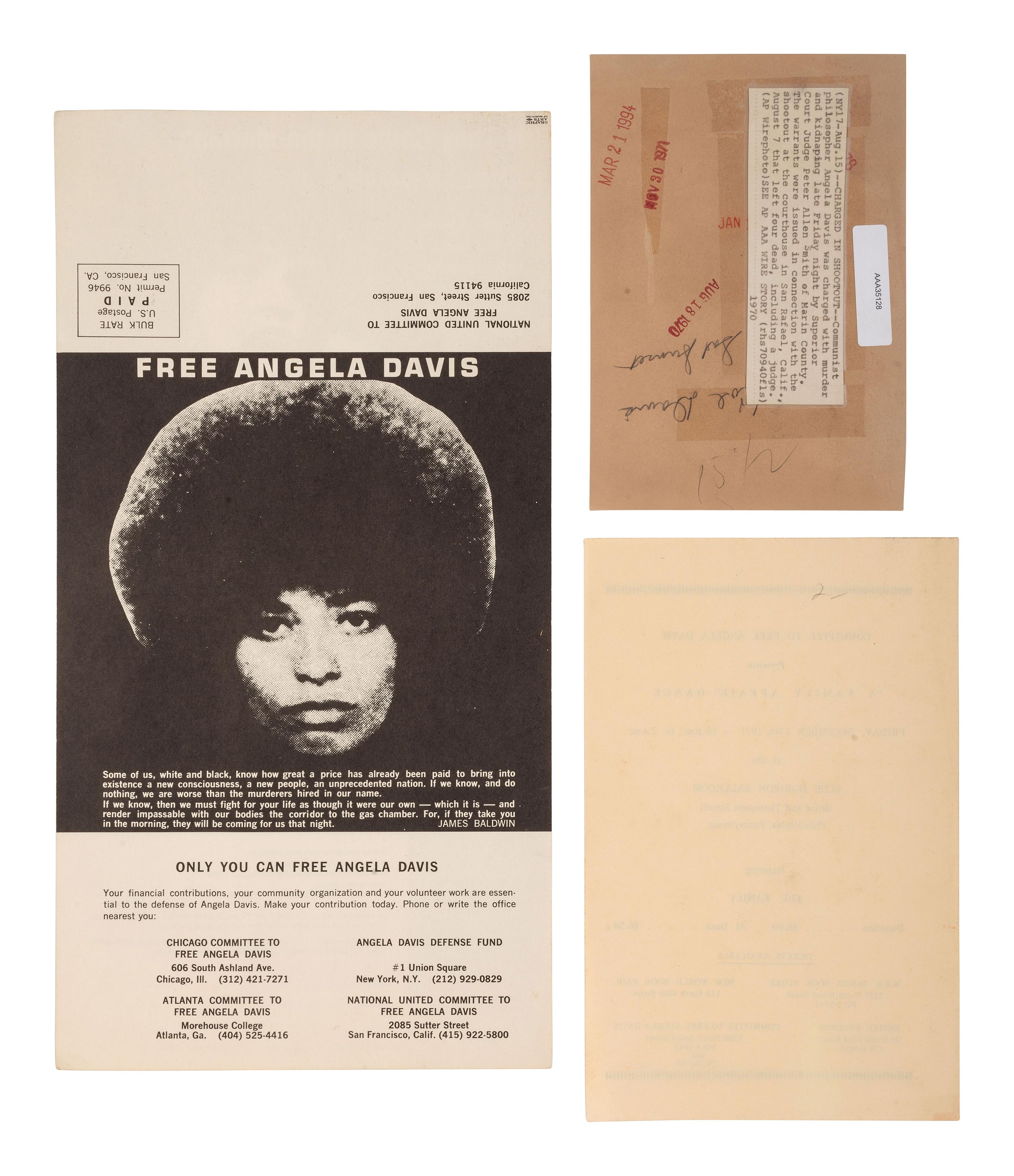 [DAVIS, ANGELA (b. 1944)]. 5 items, incl. posters, flyers, and a photograph documenting the effort to acquit Angela Davis, ca 1970-1977.