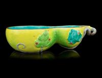 A Yellow Ground Famille Rose Gourd-Form Tray