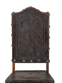Six Mizner Carved Walnut and Embossed Leather Back Side Chairs