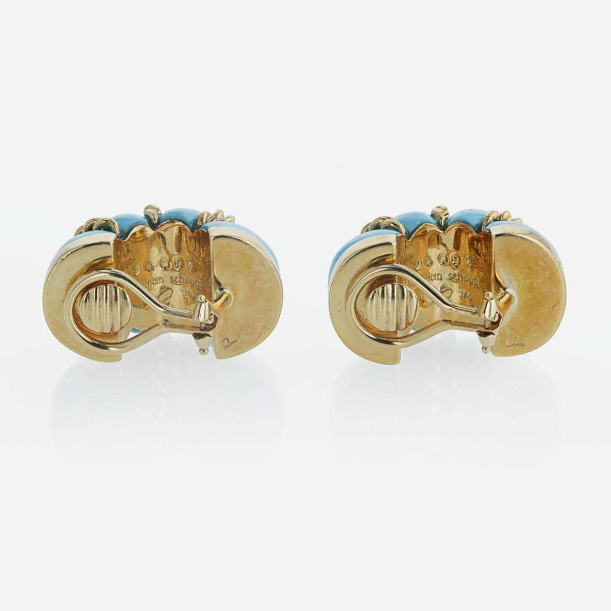 A pair of 18K yellow gold and turquoise ear clips, Seaman Schepps Shrimp