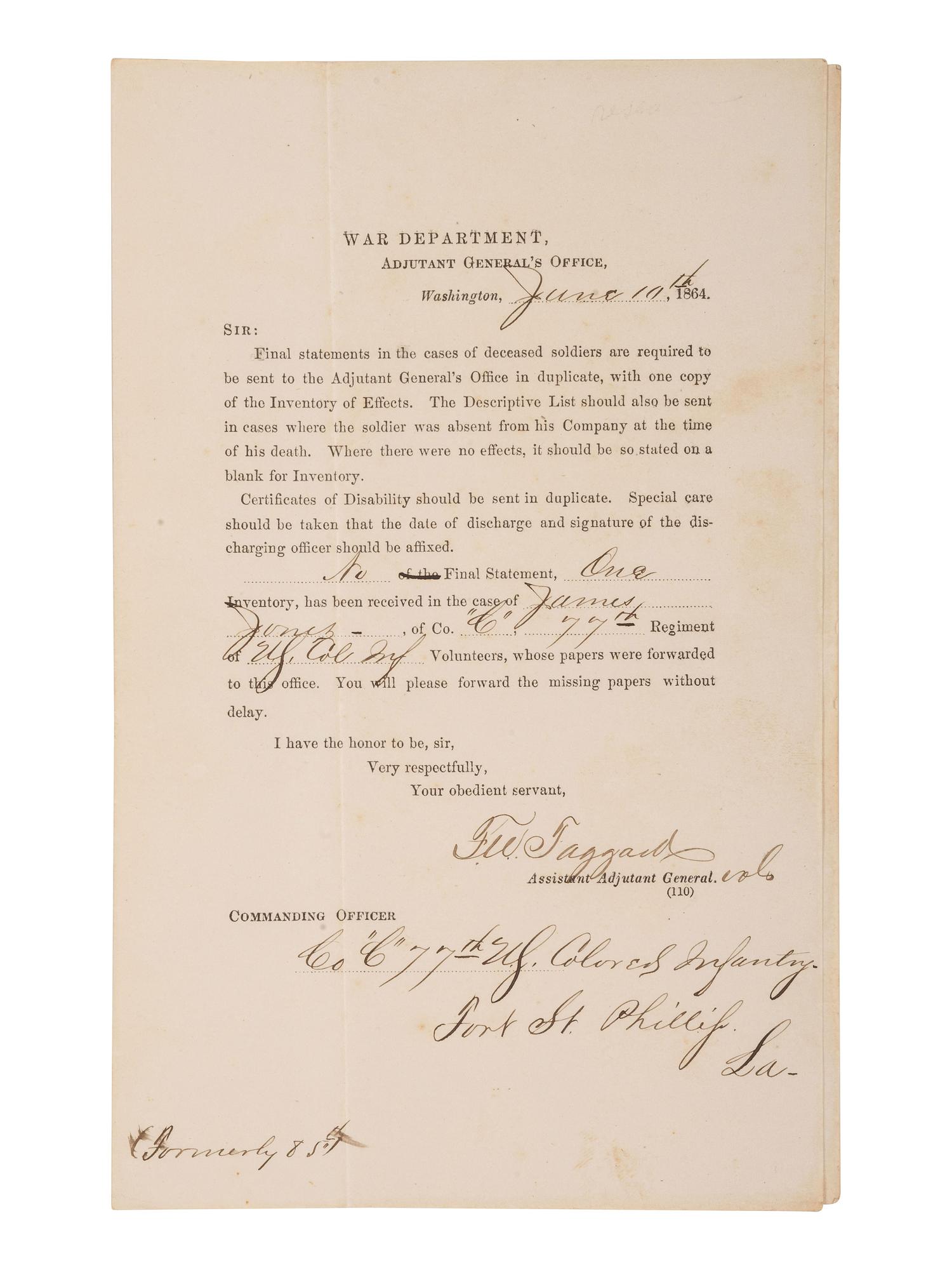 [CIVIL WAR]. Partly-printed document regarding the "final statements" for Private James Jones, Co. C, 77th Regiment, USCT. War Department, Adjutant General's Office. Washington, D.C., 10 June 1864.