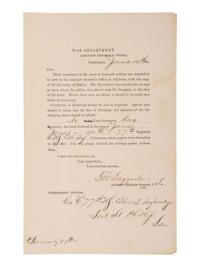 [CIVIL WAR]. Partly-printed document regarding the "final statements" for Private James Jones, Co. C, 77th Regiment, USCT. War Department, Adjutant General's Office. Washington, D.C., 10 June 1864.