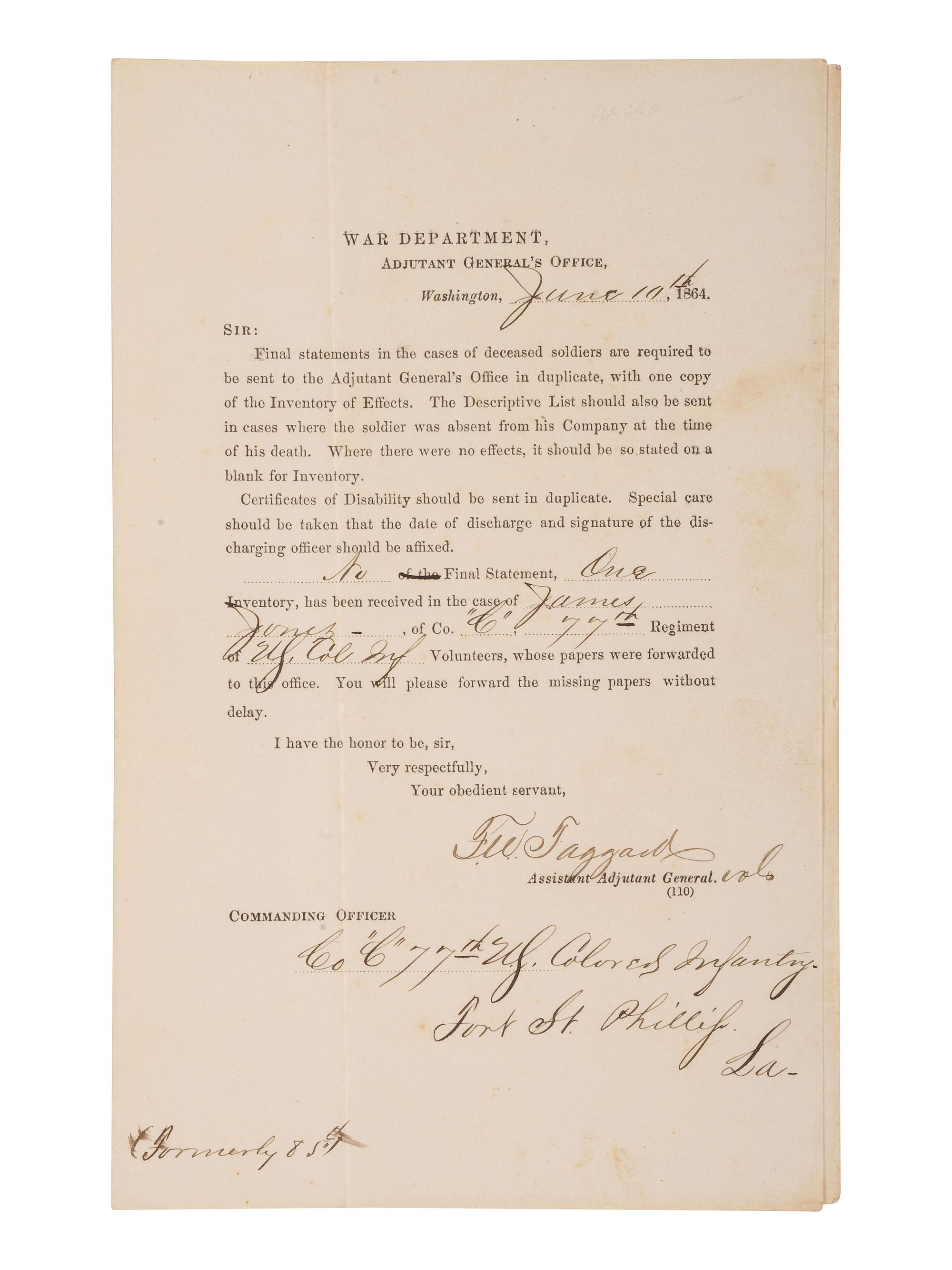 [CIVIL WAR]. Partly-printed document regarding the "final statements" for Private James Jones, Co. C, 77th Regiment, USCT. War Department, Adjutant General's Office. Washington, D.C., 10 June 1864.