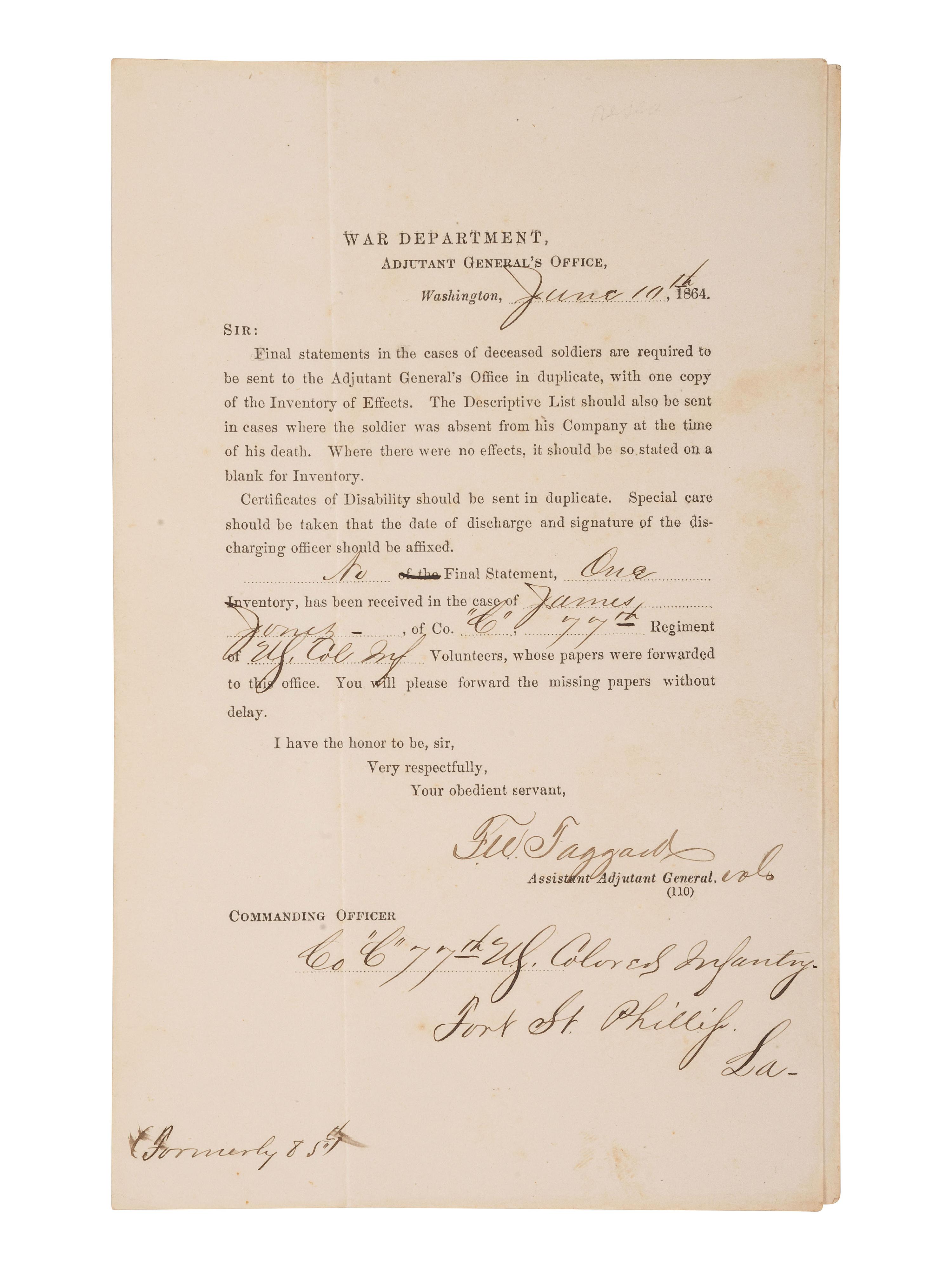 [CIVIL WAR]. Partly-printed document regarding the "final statements" for Private James Jones, Co. C, 77th Regiment, USCT. War Department, Adjutant General's Office. Washington, D.C., 10 June 1864.