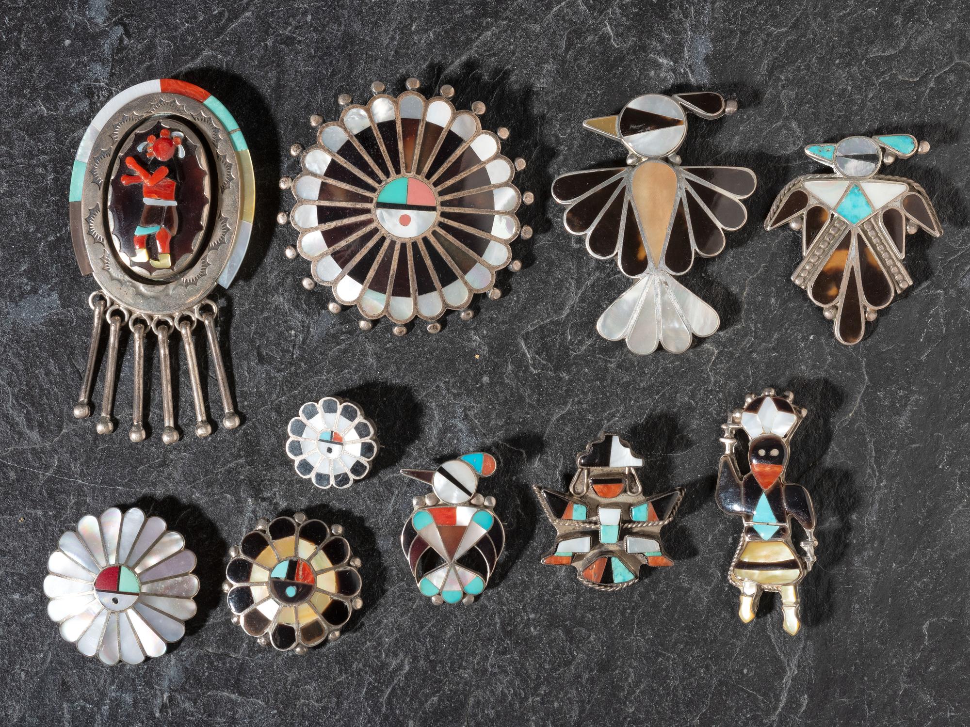 An Assortment of Zuni Mosaic Inlay Pins / Pendants